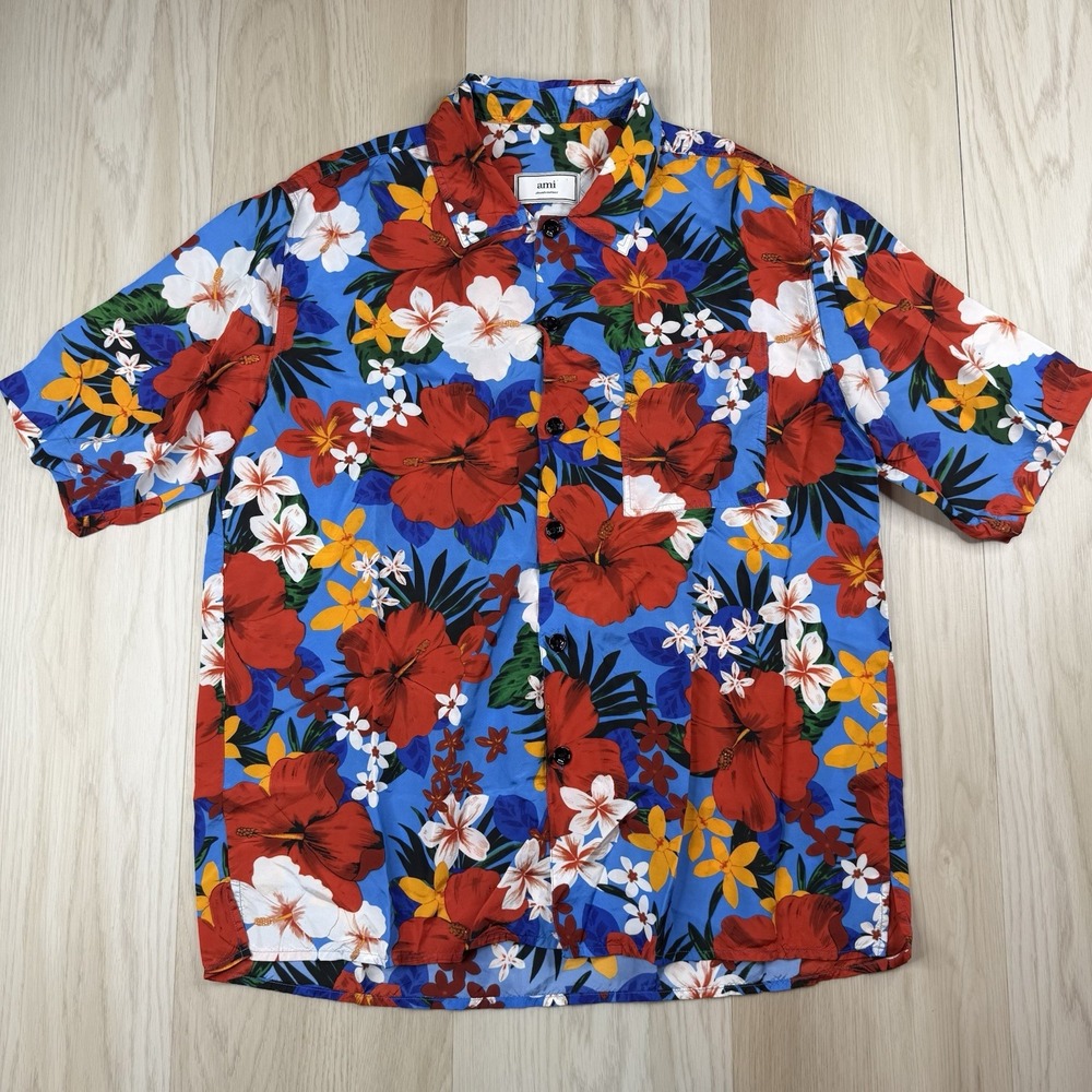 AMI Alexandre Metteusi Men's Short Sleeve Camp Shirt Floral Print Size L Large